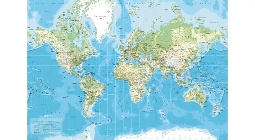 Klassisk verdenskort - Lærredstryk på ramme
