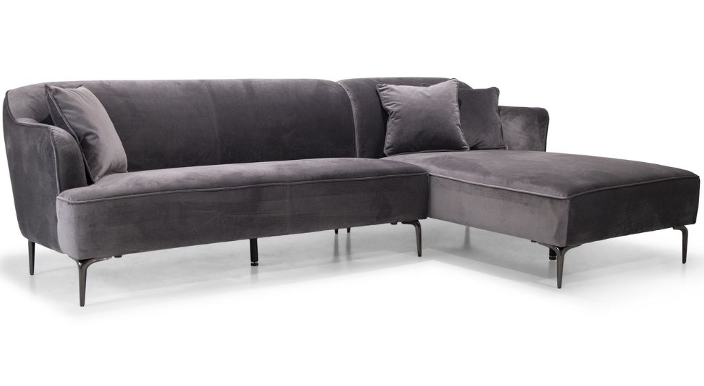 Billig grå velour-sofa med chaiselong - Monica
